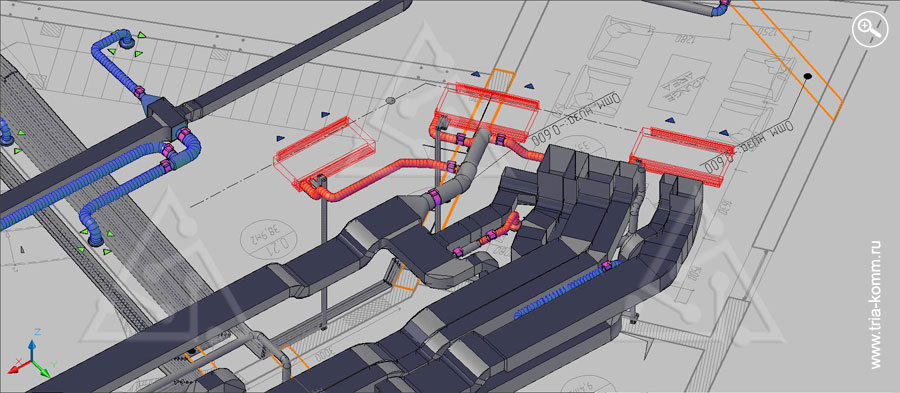 3D-иллюстрация подключения к воздуховодам системы вентиляции конвекторов отопления (показаны красным цветом)