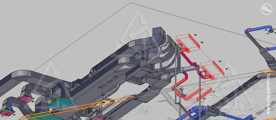 3D-иллюстрация трасс воздуховодов и подключения к ним конвекторов отопления, вид снизу