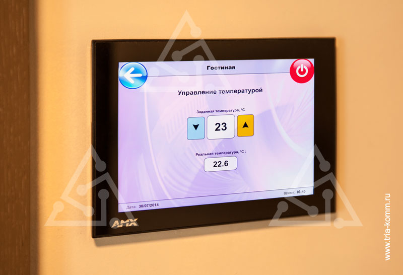 Интерфейс управления температурой в помещении на сенсорной панели управления AMX