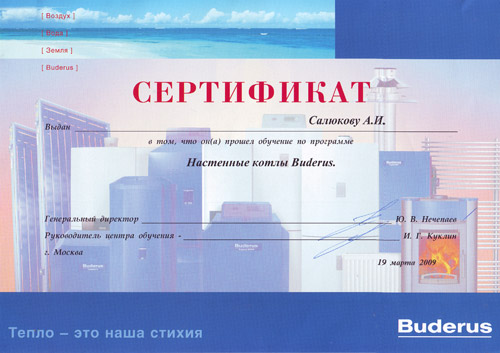 Сертификат Buderus проектировщика Алексея Салюкова