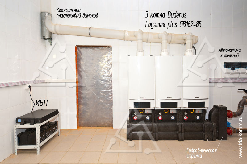 Фото монтажа ИБП, 3-х конденсационных котлов Buderus Logamax GB 162-85, коаксиального пластикового дымохода и автоматики котельной