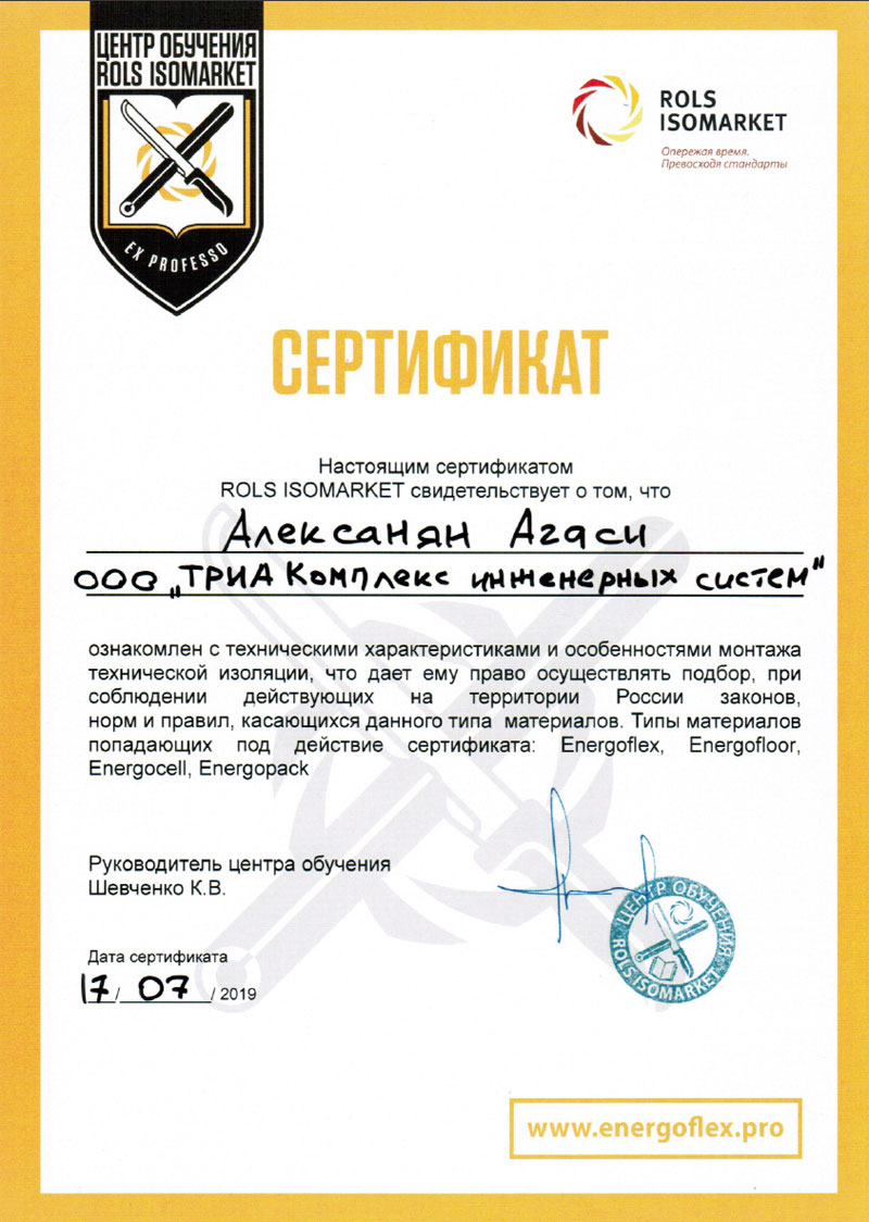 Сертификат о прохождении практикума в Rols Isomarket Агаси Алексаняна