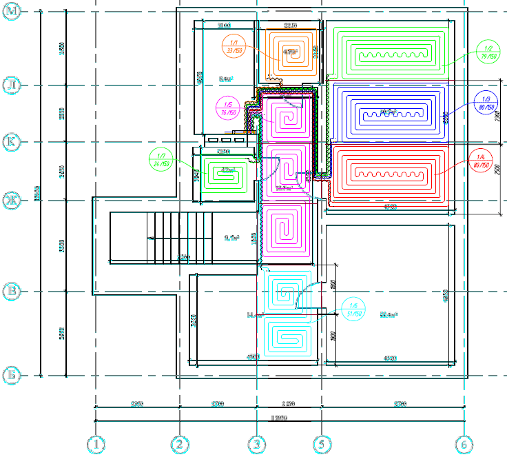 На плане подвального этажа загородного дома схематично показано, где будет установлен «теплый пол»