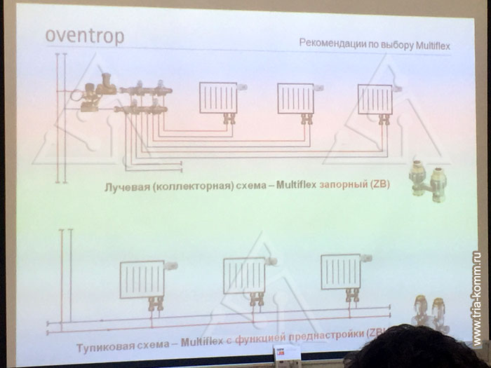 Фото слайда с рекомендациями по выбору арматуры Oventrop Multiflex для лучевой (коллекторной) и тупиковой схемы