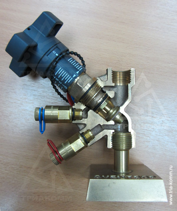Фото балансировочного вентиля Hydrocontrol R с измерительными ниппелями фирмы Oventrop в разрезе