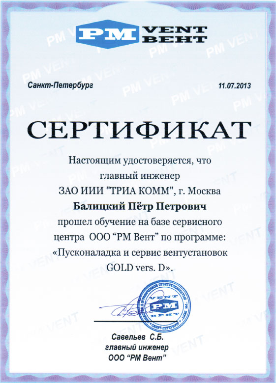 Сертификат главного инженера Петра Петровича Балицкого о прохождении обучения