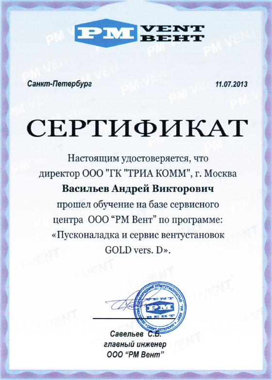 Сертификат директора Андрея Викторовича Васильева о прохождении обучения
