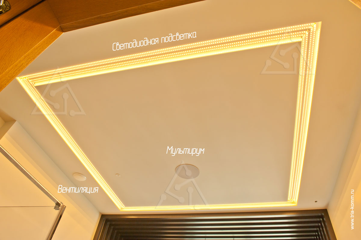Фото систем мультирум, вентиляции и освещения (светодиодной подсветки) по периметру санузла в квартире